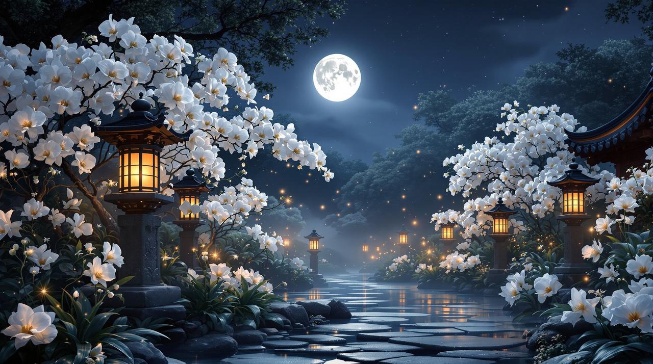 动漫二次元 - 月光下的兰花庭院,静谧优雅的氛围